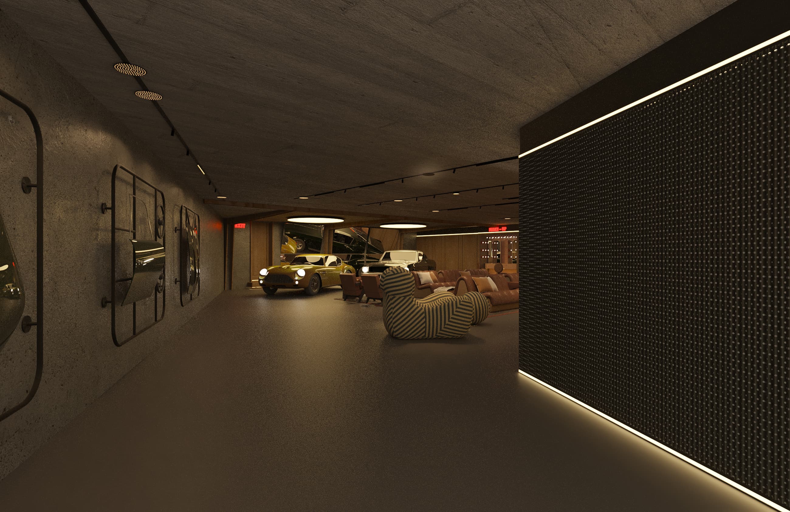 Il garage lounge di Chesa Acqua, con automobili d’epoca e poltrone nella luce calda